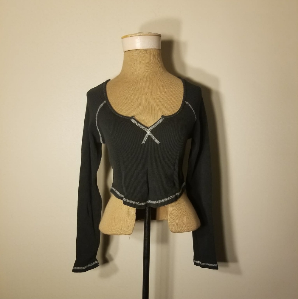 BDG Black Thermal Crop Top with White Stitching Size Large